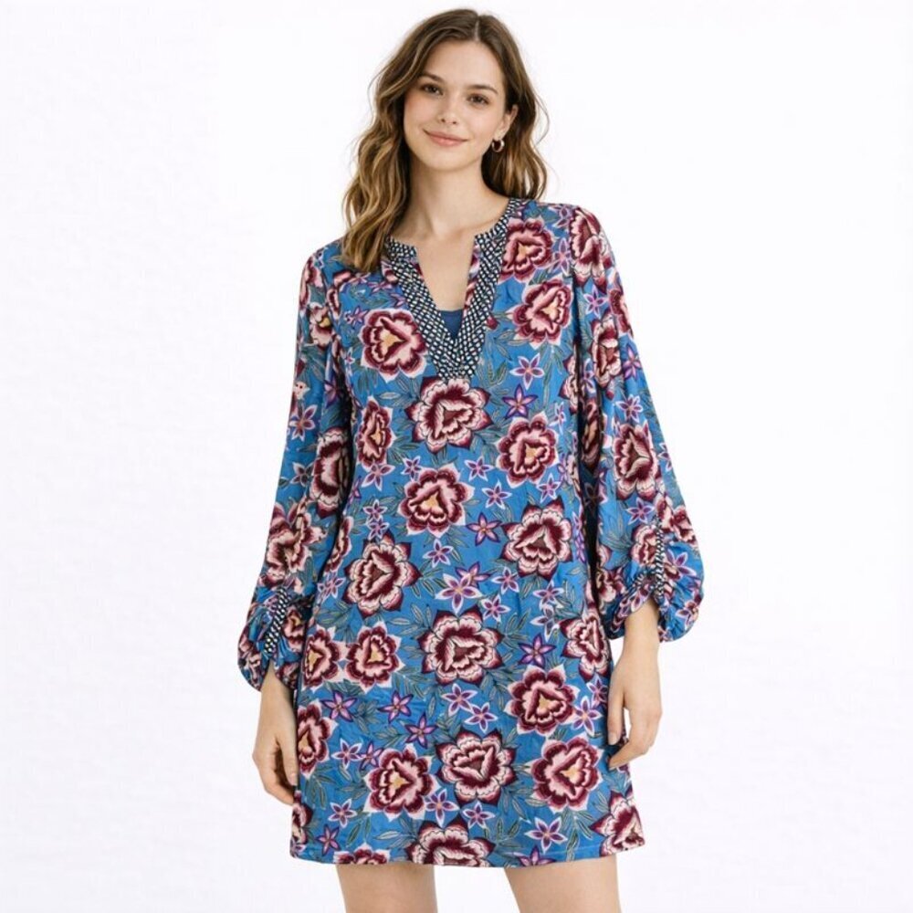CABI Primrose Floral Tunic Dress Separate Blue Slip Size Small